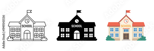 Three colorful school building icons in different styles and colors on white background