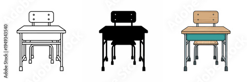 Three different colored school desks with attached chairs on white background  educational furniture