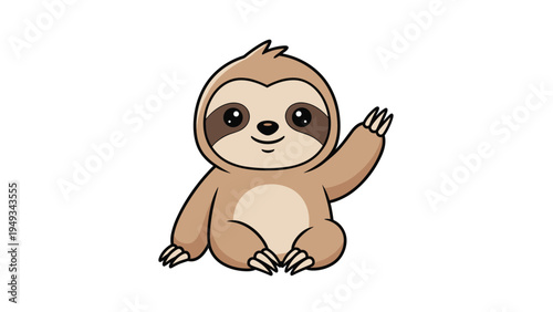 Extremely cute brown sloth character sitting and waving its hand with a friendly and happy expression in a cartoon style illustration.