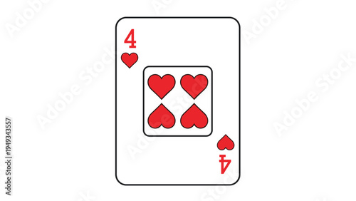 Traditional four of hearts playing card from a standard deck featuring red heart symbols and digits on a clean white background.