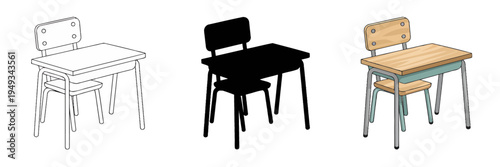 Three different desk and chair sets in various illustration styles for education furniture design