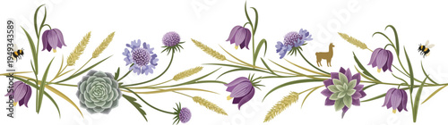 Watercolor illustration of lavender flowers and a bee on a stem