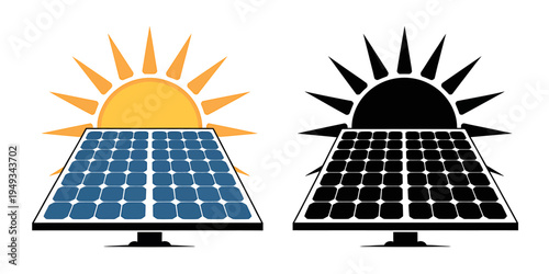 Solar panels with sun illustrations side by side on white background