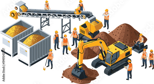Construction site earthmoving operation with excavator, conveyor belt and dump truck loading soil, industrial workers managing material handling and excavation process illustration
