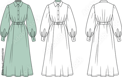 Women long sleeve belted midi dress vector illustration, button up modest fashion design template, front and back view clothing technical sketch
