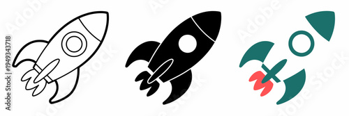 Three different colored rocket ship icons in various styles and colors flying upwards fast
