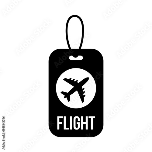 Black luggage tag with airplane icon and flight text