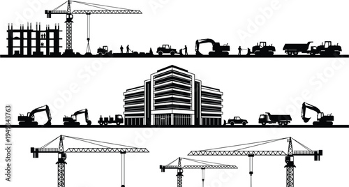 Construction site silhouette set with tower cranes, excavators, trucks and workers building modern city infrastructure and office building development vector illustration collection