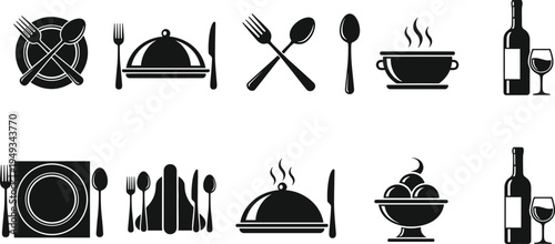 Restaurant Dining Silhouettes Collection Featuring Cutlery Plate Wine Bottle Food Cloche and Dessert Icons for Fine Dining Menu and Catering Design CAD Drawing Flat Vector Illustration