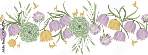 Colorful floral arrangement with purple yellow and green flowers on white background