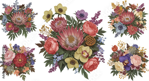 Vibrant floral arrangements in different styles on white background