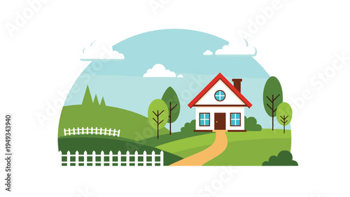 Peaceful rural landscape with a small white house on a green hill under a blue sky with white clouds in a simple vector illustration.