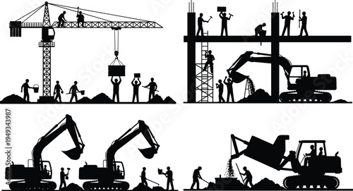 Construction worker and heavy machinery silhouettes with crane, excavator and building structure, industrial construction site activities and engineering work vector illustration set