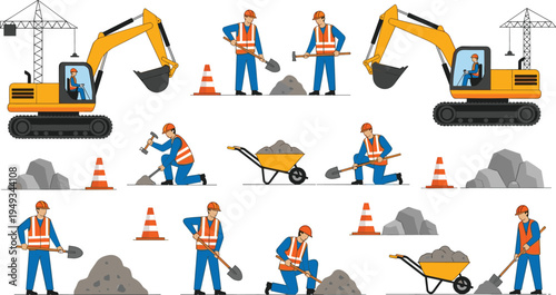 Construction workers and excavator equipment set with builders using tools, wheelbarrow and safety cones, roadwork and building maintenance vector illustration collection