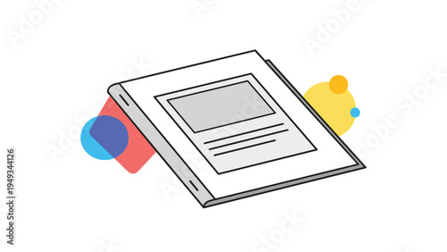 Stylized illustration of a digital tablet or e-reader displaying content with colorful abstract shapes in the background.