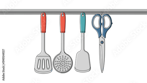 Set of colorful kitchen utensils including spatulas a skimmer and kitchen scissors hanging from a metal wall rail.