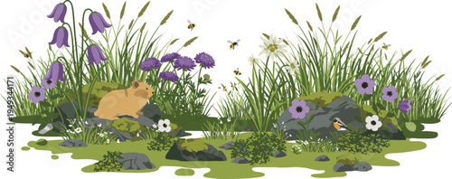 A whimsical garden scene with a small rabbit amidst tall grass and purple flowers