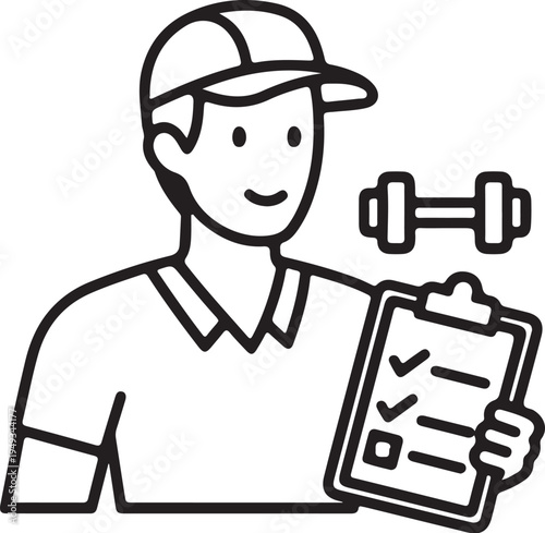 Vector icon of smiling man with clipboard and dumbbell isolated PNG with Transparent Background