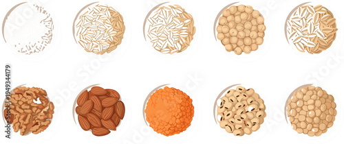 Collection of Seeds in Bowls Including Sunflower, Almonds, Lentils, Peas, and Other Edible Seeds for Healthy Eating and Agriculture