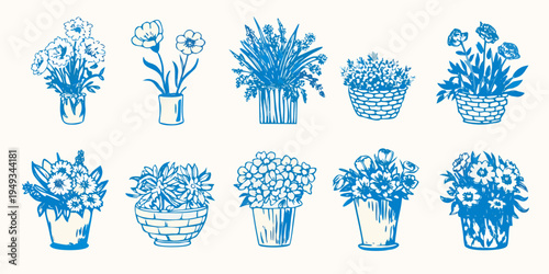 Collection of hand drawn blue floral arrangements in various vases and baskets