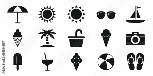 Black silhouette icons depicting various summer vacation and beach elements