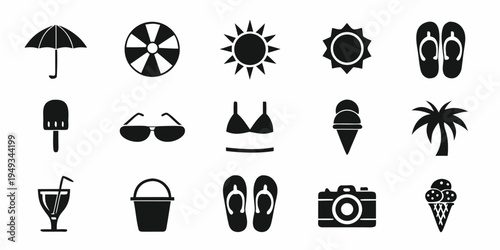 Black silhouettes depicting various summer vacation and beach items