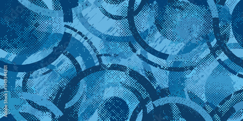 Abstract blue background with overlapping circles and textured brushstrokes