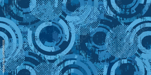 Abstract blue background featuring concentric circles and textured patterns