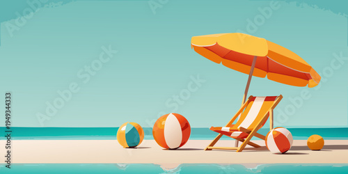 A colorful beach scene with a lounge chair umbrella and beach balls