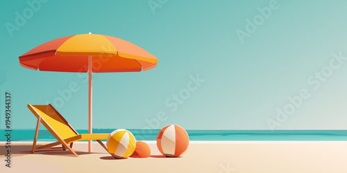 A vibrant beach scene featuring an umbrella chair and beach balls