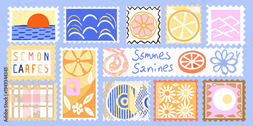Colorful illustrated postage stamps featuring fruit flowers and geometric patterns