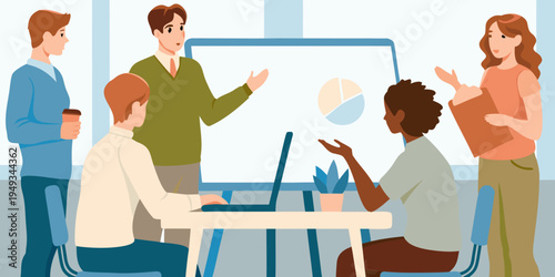 Diverse team collaborating in a modern office setting during a presentation