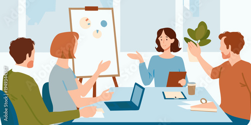 Team meeting in a modern office with a presentation and discussion