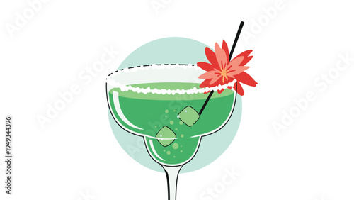 Refreshing green margarita cocktail in a salt-rimmed glass with ice cubes and a red flower garnish on a blue circle background.