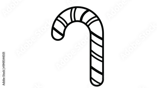 Single candy cane line art illustration with traditional stripe patterns in a clean black and white style for festive winter designs.