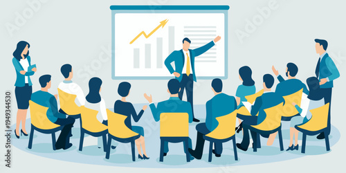 Business presentation with a speaker and engaged audience members listening