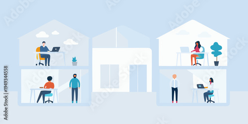 People working remotely from their homes in a connected neighborhood