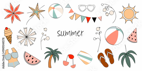Colorful summer illustrations featuring beach elements and hand lettered text