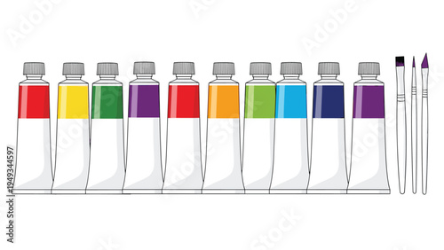 Row of colorful paint tubes in various shades next to three different types of professional artist paintbrushes.