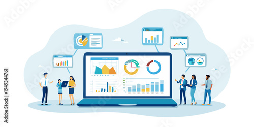 Team analyzing data and charts displayed on a large laptop screen