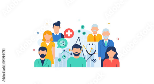 Population Health Management: Diverse Team, Medical Data, and Community Care Concepts Vector Illustration