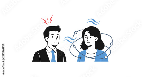 Communication Gap & Emotional Contrast: Frustrated Man, Thoughtful Woman Facing Disagreement