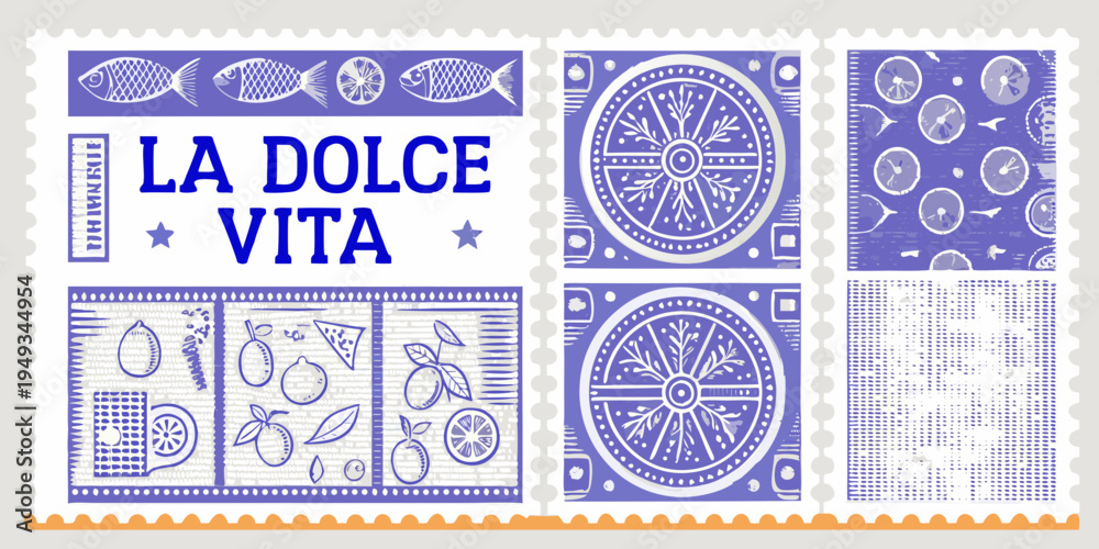 Ταπετσαρία A collection of postage stamps with italian themed designs in blue