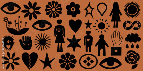 Collection of abstract black silhouettes depicting floral human and celestial forms