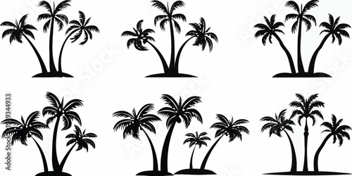 Collection of silhouetted palm trees against a stark white background