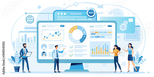 Team collaborates analyzing data displayed on a large computer screen