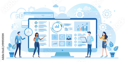 Team collaborating with data analytics displayed on a large computer screen