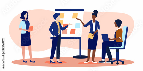 Diverse team collaborating around a whiteboard during a business meeting