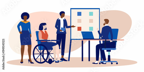 Diverse team collaborates during a presentation with accessibility considerations
