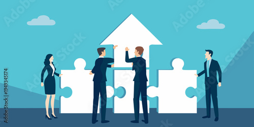 Business team collaborating to complete a puzzle with an upward trend